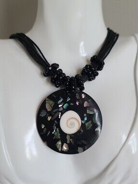 Boho Beaded Black Cord Mosaic Abalone Shiva Eye Shell Round Pendant Necklace